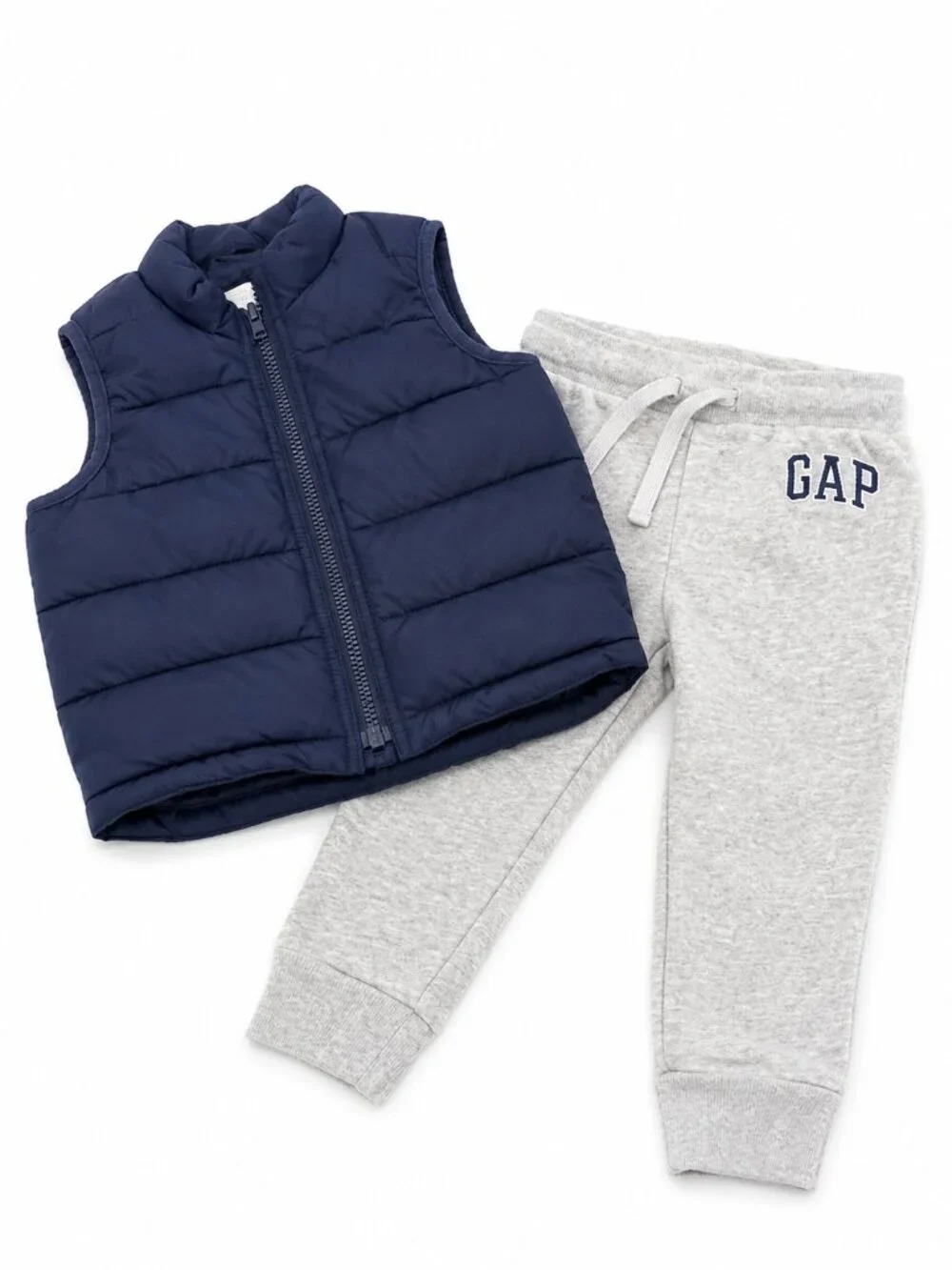 Gap Toddler Outfit 18-24M Navy Puffer Vest Gray Joggers Cozy Baby Set